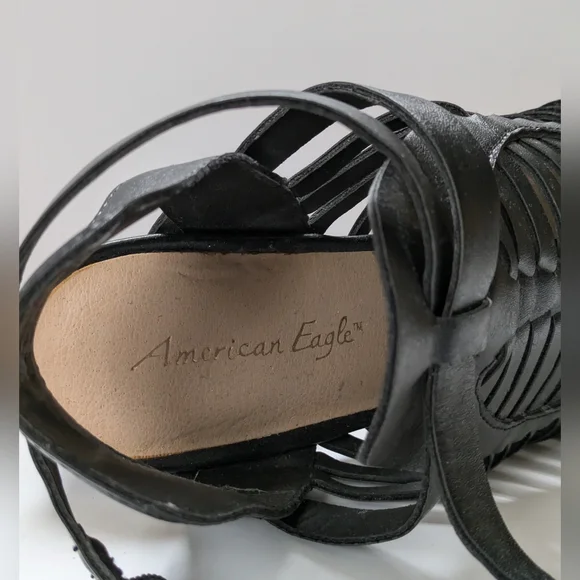 American Eagle Strappy Black Sandals Size 6 Like New 3 1/2" Heel Boho Summer - Picture 14 of 17